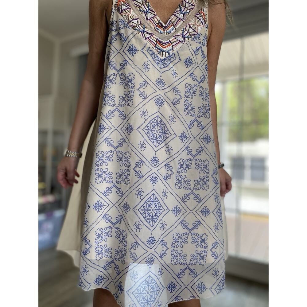 FREE PEOPLE Ancient Mystery Beaded Sequin Shift Dress Beige Women’s L